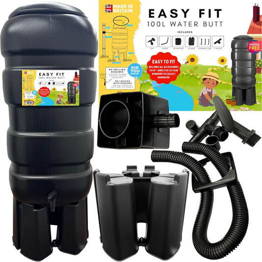 100L Black Traditional Rainwater Barrel Complete With Lid, Tap, Stand & Filler Kit