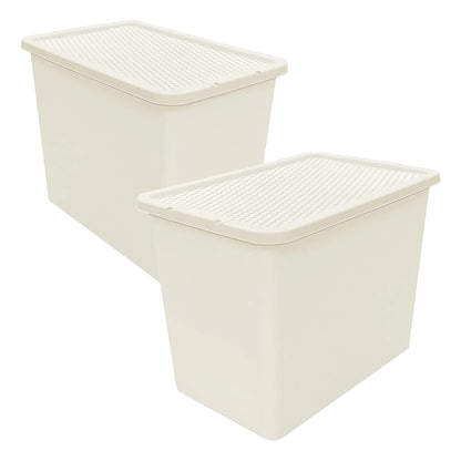 Large Cream Stackable 80 Litre Plastic Rattan Storage Containers With Lids