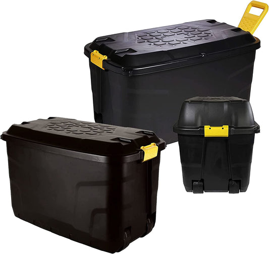 Large Heavy Duty Indoor Outdoor Black Storage Trunks With Lids, Wheels & Yellow Handles